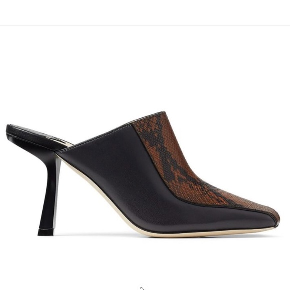 Jimmy Choo Marcel 85mm Snake Effect Leather Square-Toe Mules (Black Tan) - Picture 3 of 15